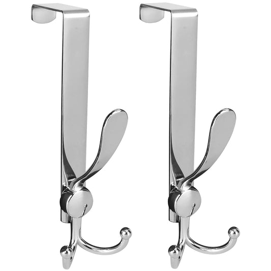 2 Packs Over The Door Hooks, Sturdy Stainless Steel Heavy Duty Door Hanger Hook for Coat Robe Towels Hanging, Bathroom Organizer Towel Rack 3 Hooks, Silver