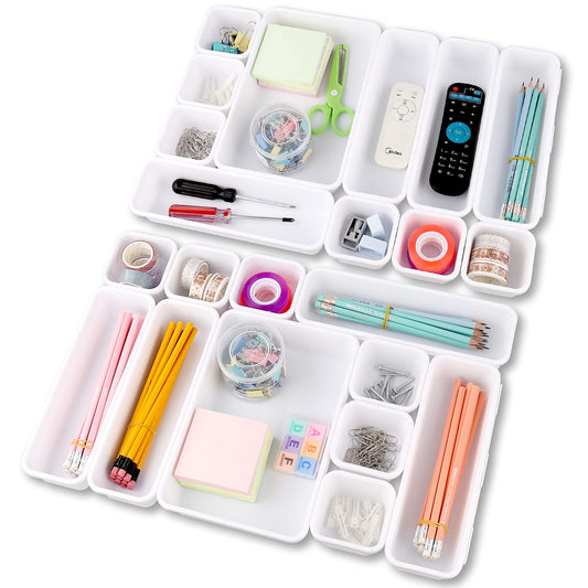 22 Pack Desk Drawer Organizers,Interlocking Junk Drawer Organizers and Storage with 3 Different Sizes,Multi-Purpose Desk Drawer Tray Organizer for Office,Bathroom,Kitchen(White)