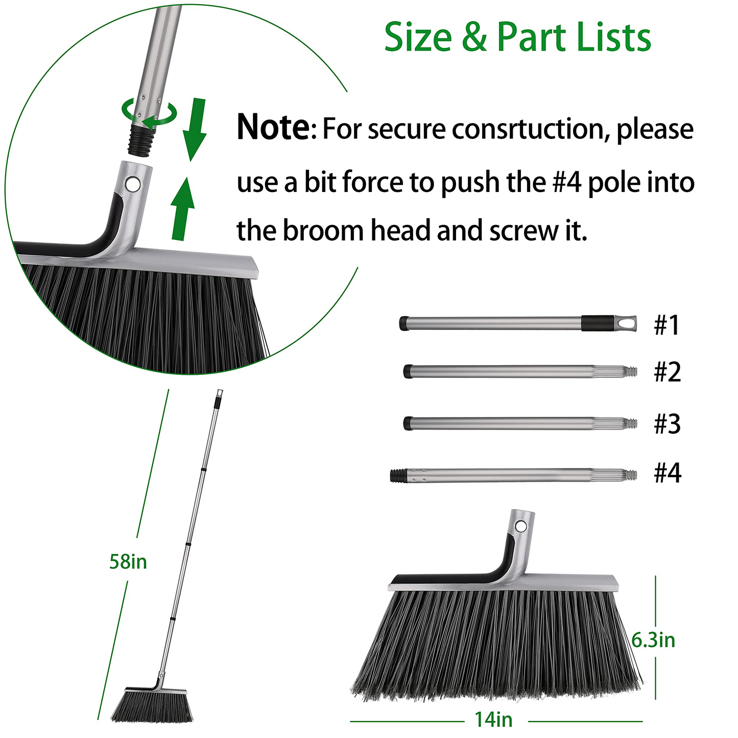 Outdoor/Indoor Broom for Floor Cleaning with 58 inch Long Handle, Angle Brooms Heavy Duty for Home Garage Kitchen Office Courtyard Lobby Lawn Concrete