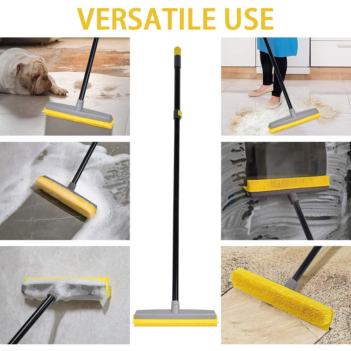 Pet Hair Broom Rubber Broom 59" Fur Remover Broom Carpet Rake with Build-in Squeegee Silicone Broom for Sweeping Hardwood Floor Tile