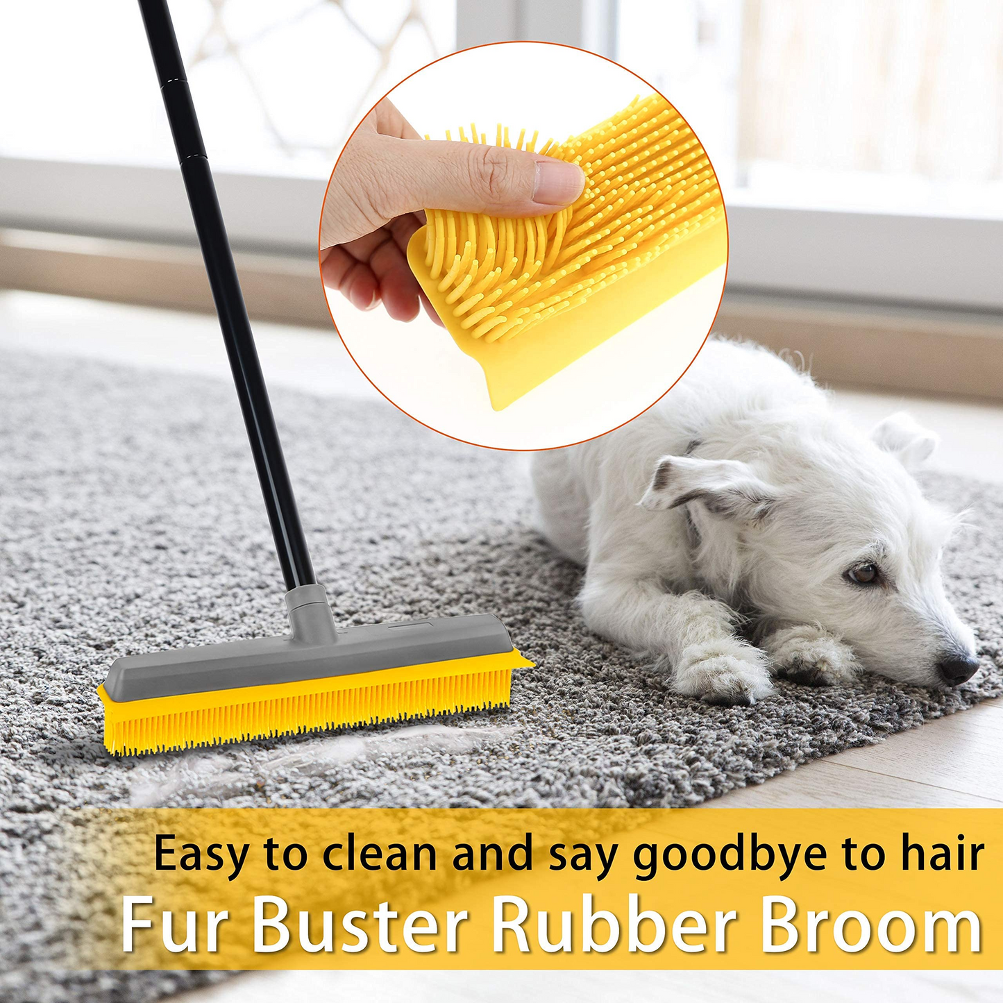 Pet Hair Broom Rubber Broom 59" Fur Remover Broom Carpet Rake with Build-in Squeegee Silicone Broom for Sweeping Hardwood Floor Tile