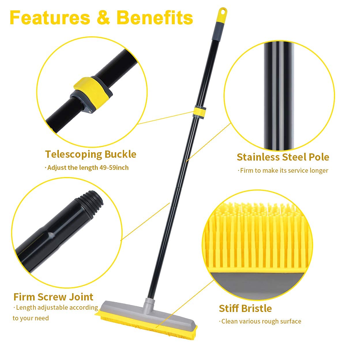 Pet Hair Broom Rubber Broom 59" Fur Remover Broom Carpet Rake with Build-in Squeegee Silicone Broom for Sweeping Hardwood Floor Tile