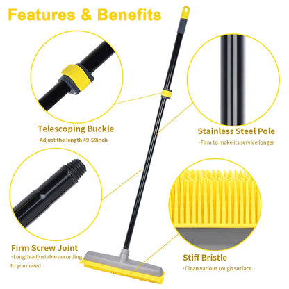Pet Hair Broom Rubber Broom 59" Fur Remover Broom Carpet Rake with Build-in Squeegee Silicone Broom for Sweeping Hardwood Floor Tile