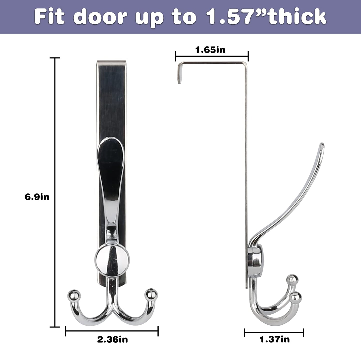 2 Packs Over The Door Hooks, Sturdy Stainless Steel Heavy Duty Door Hanger Hook for Coat Robe Towels Hanging, Bathroom Organizer Towel Rack 3 Hooks, Silver