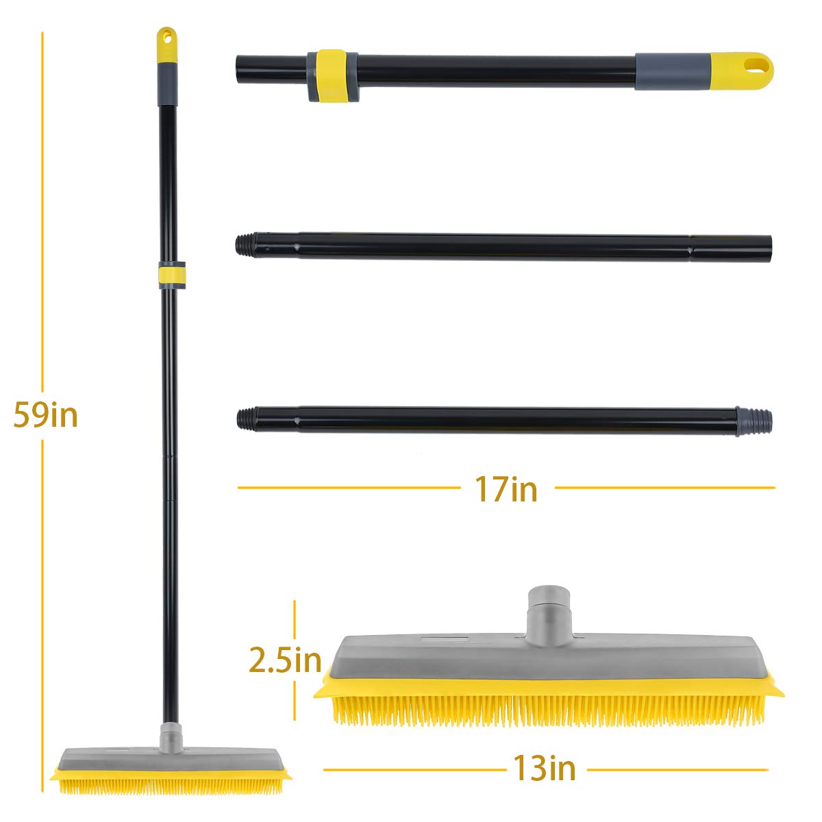 Rubber Broom Carpet Rake for Pet Hair Removal, Fur Remover Broom with 59 Telescoping Long Handle, Pet Hair Broom with Squeegee for Carpet, Hardwood